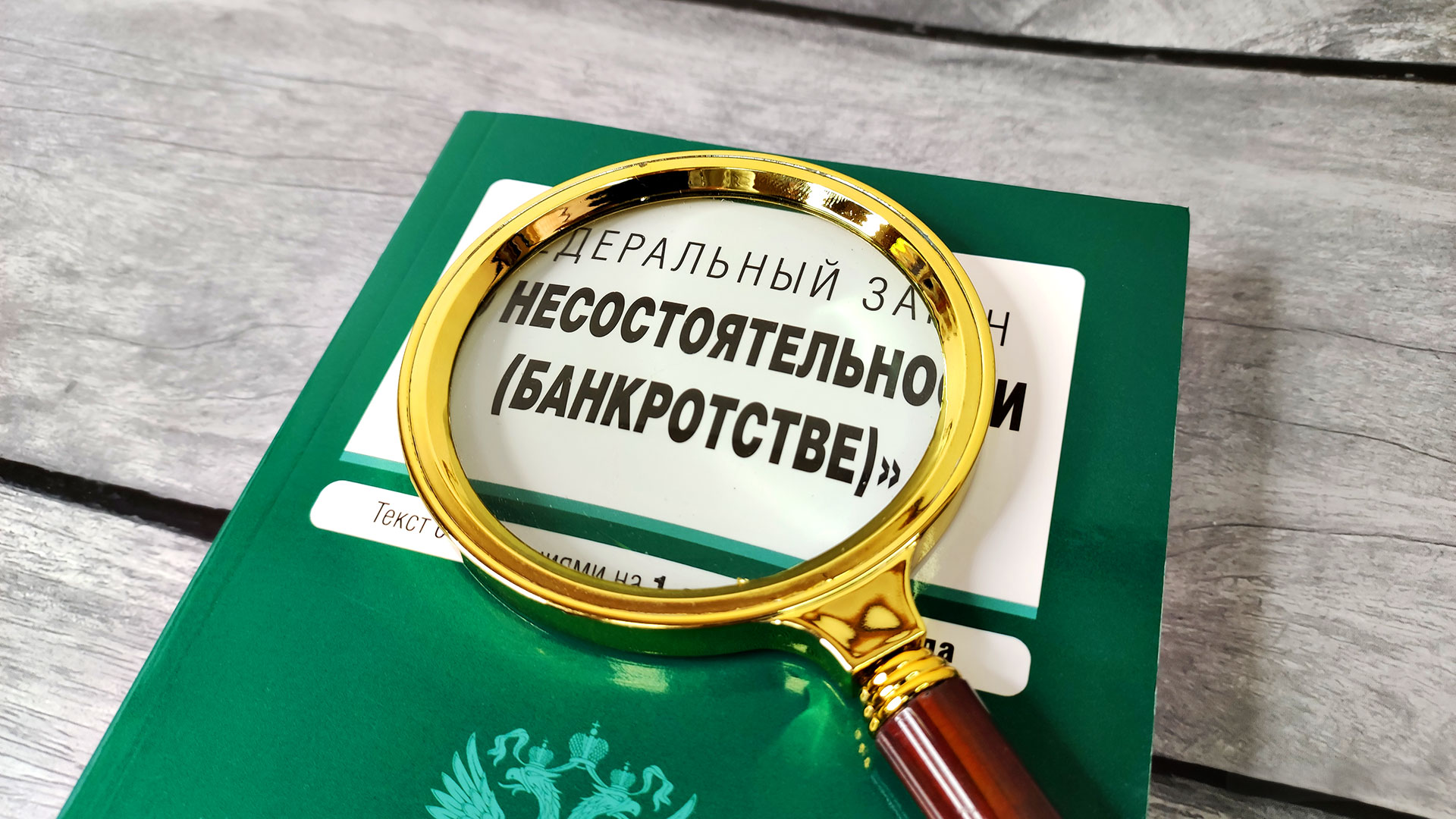 Обложка закона о банкротстве под лупой